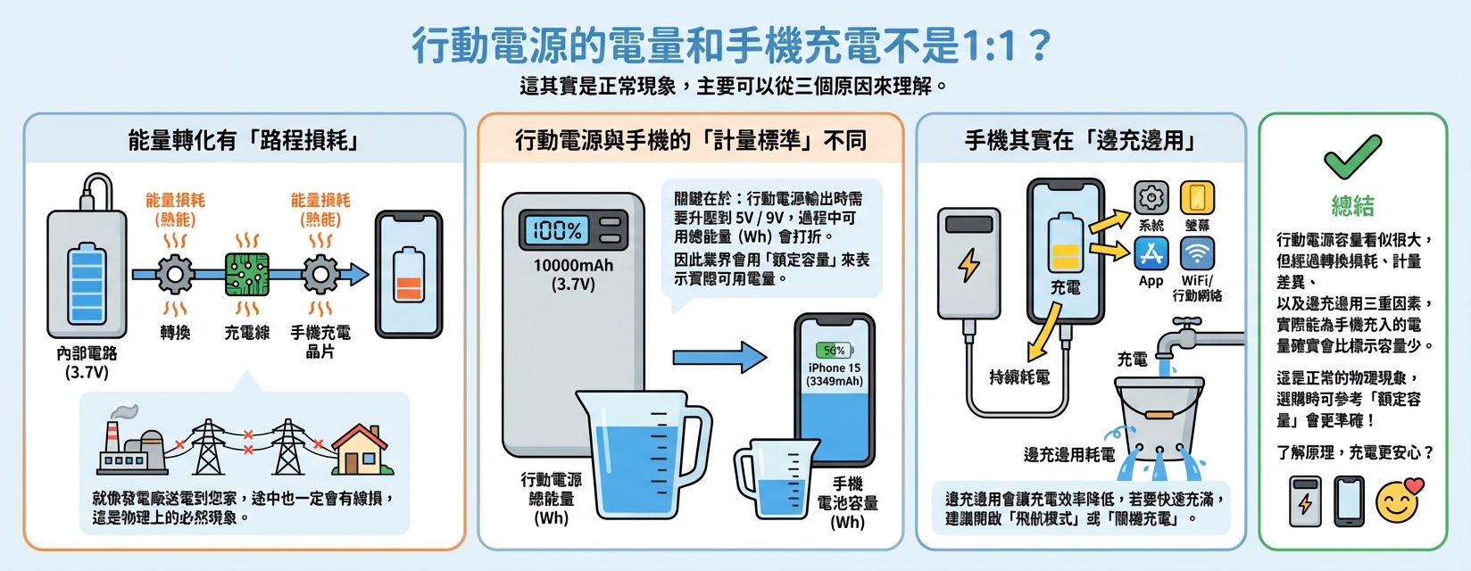行動電源的電量和手機充電不是1:1？