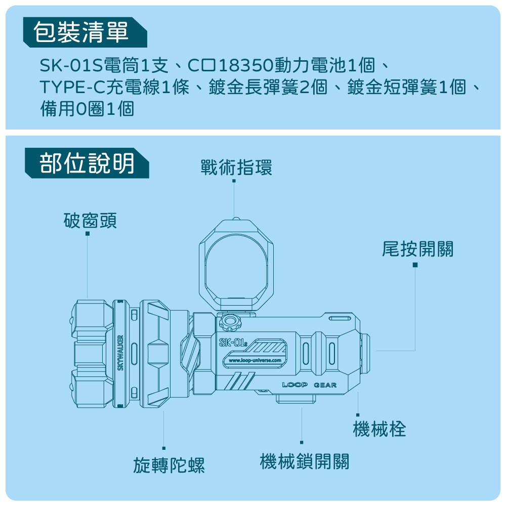 LOOP SK-01S 鈦合金 1600流明 500米 LED手電筒 白光/炫光 轉陀螺 戰術指環 破窗頭