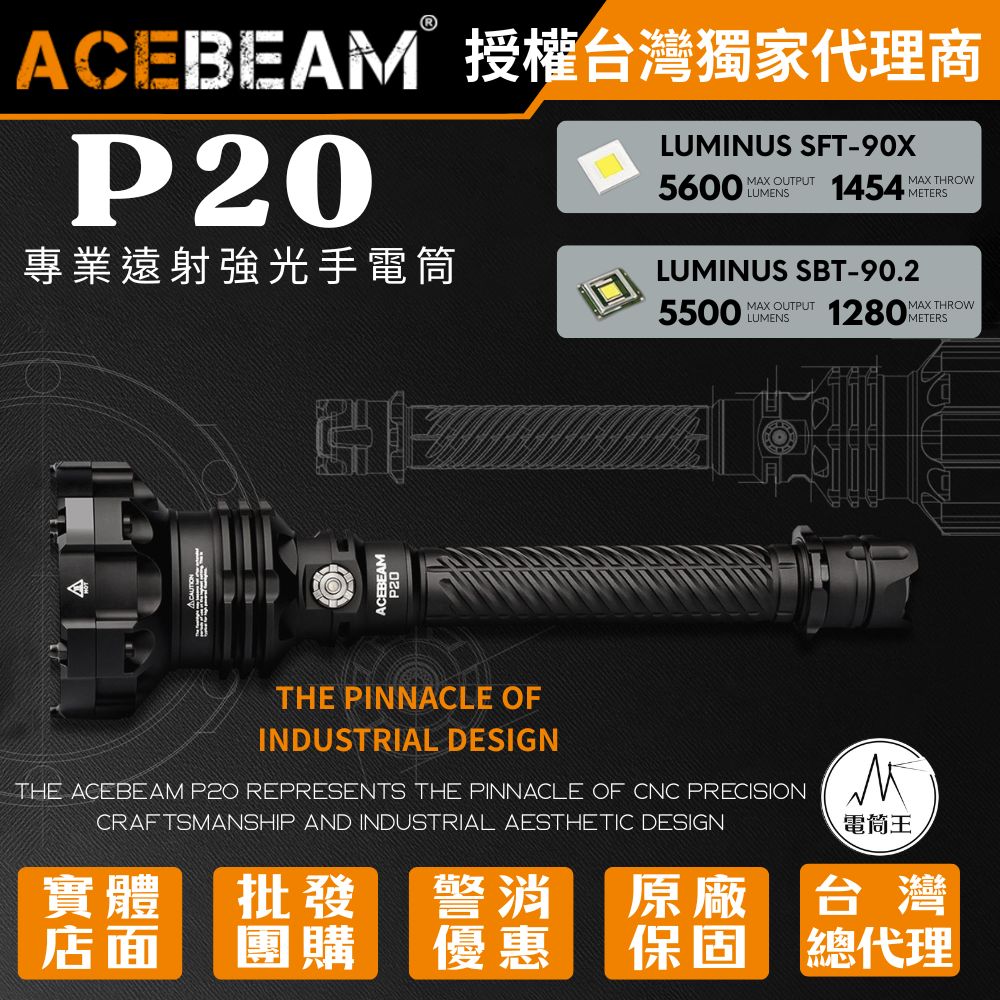 ACEBeam P20 5600流明 1454米 (二種燈珠可選) 專業遠射強光手電筒 防身 破窗 爆閃 雙開關 21700