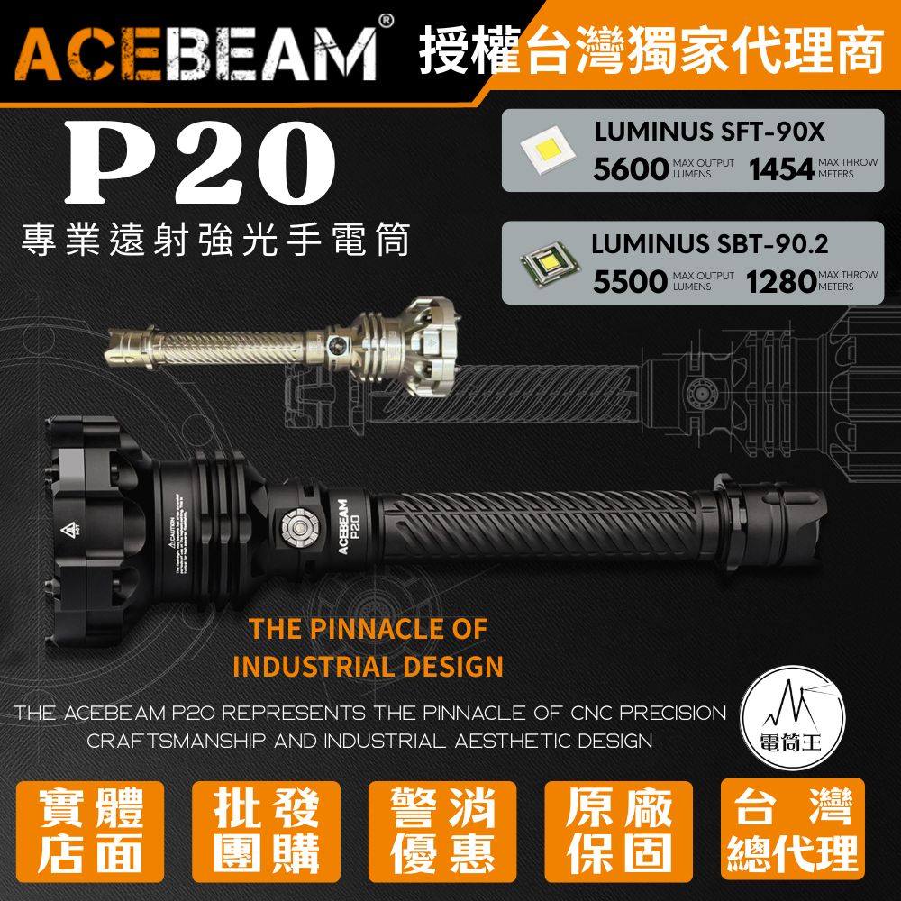 ACEBeam P20 5600流明 1454米 (二種燈珠可選) 專業遠射強光手電筒 防身 破窗 爆閃 雙開關 21700