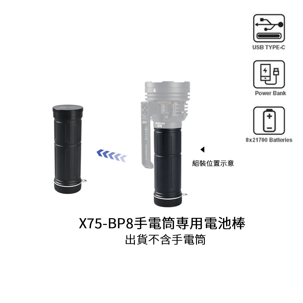 ACEBEAM X75-BP8電池棒 X75專用電池組 PD100W QC快充 USB-C充電 21700 ACEBEAM X75-BP8電池棒 X75專用電池組 PD100W QC快充 USB-C充電 21700