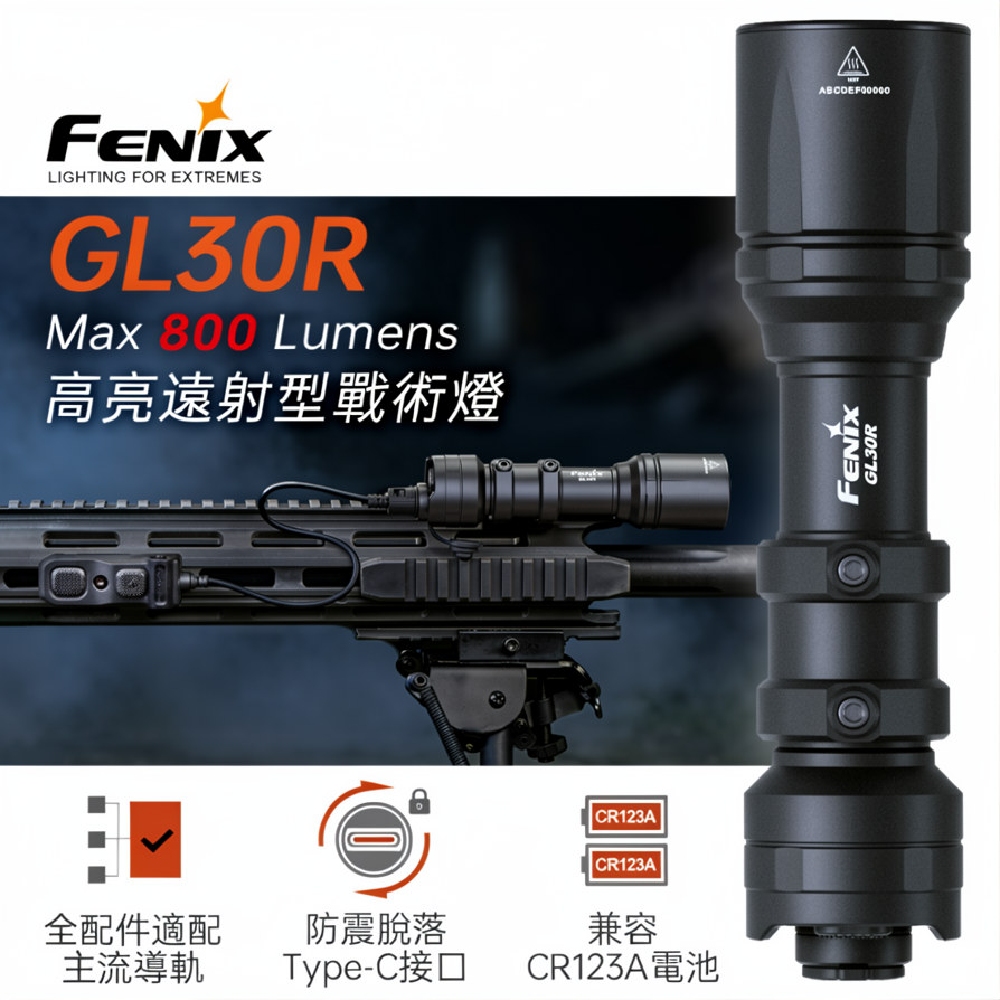 FENIX GL30R 高亮遠射型戰術燈 800流明 630米 線控 尾部開關 雙控設計 一燈多配 夾具 導軌