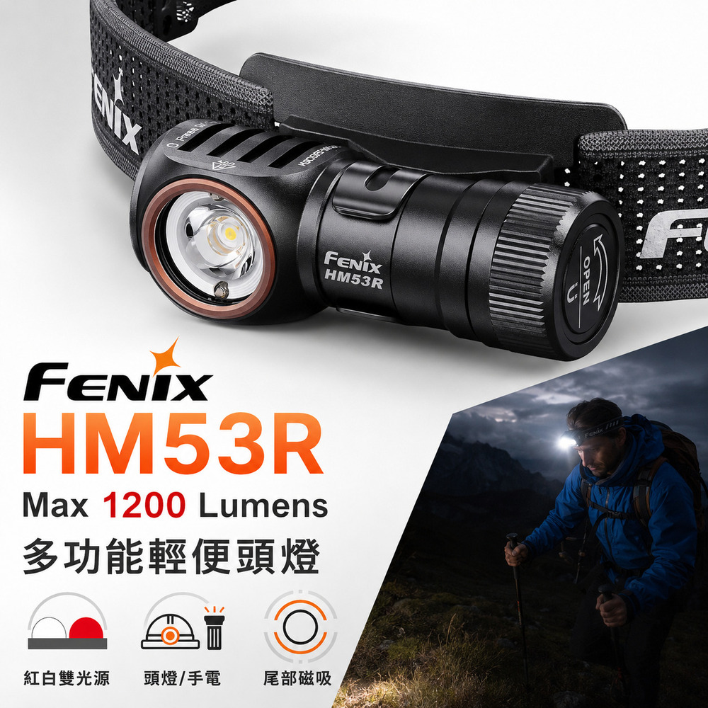 FenixHM53R 1200流明 158米 多功能輕便頭燈 紅白雙光源 頭燈/手電二用 尾部磁吸