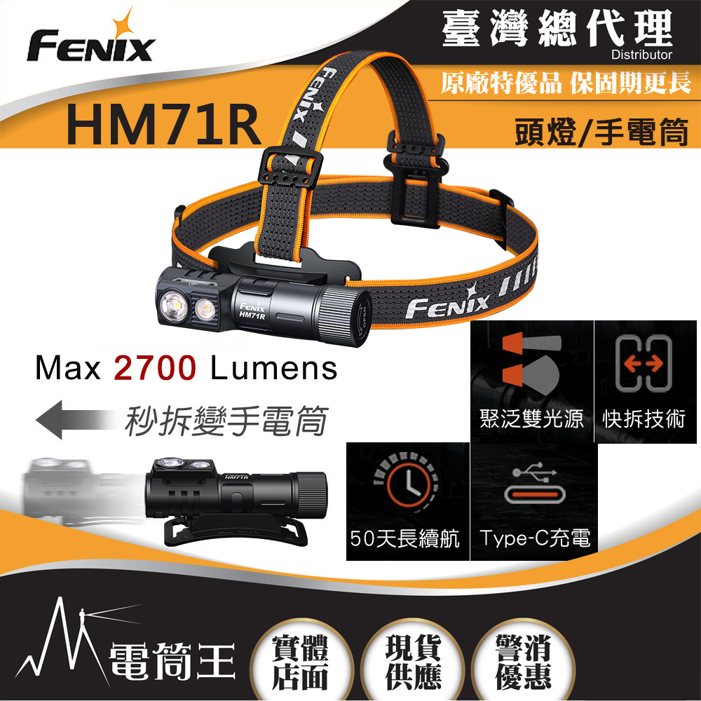 【期間特價】FENIX HM71R 2700流明 230米 高性能多用途工業頭燈 聚泛光雙模式 手電/頭燈兩用