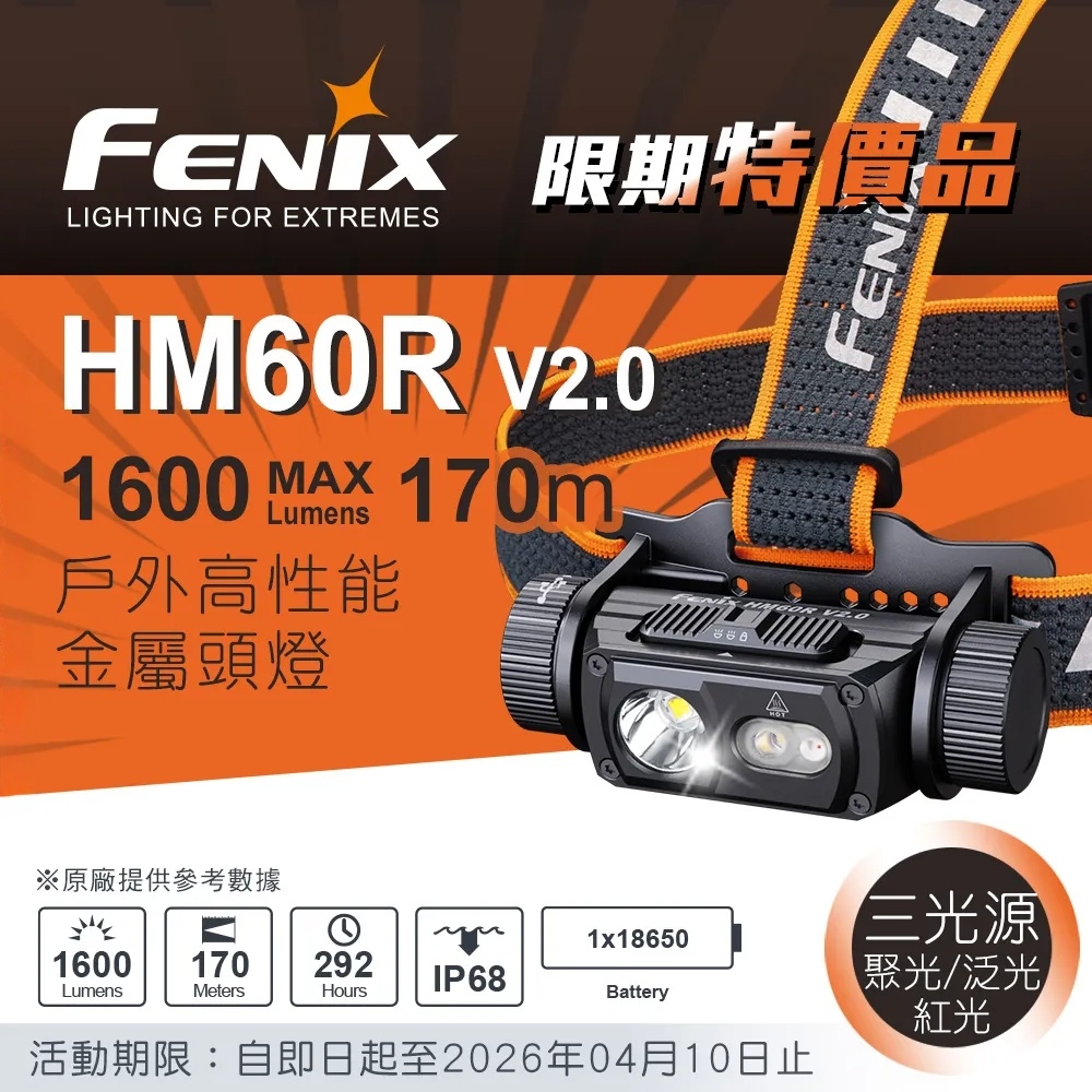 Fenix HM60R V2.0 1600流明 170米 戶外高性能金屬頭燈 聚泛光/紅光 撥動開關 CR123A