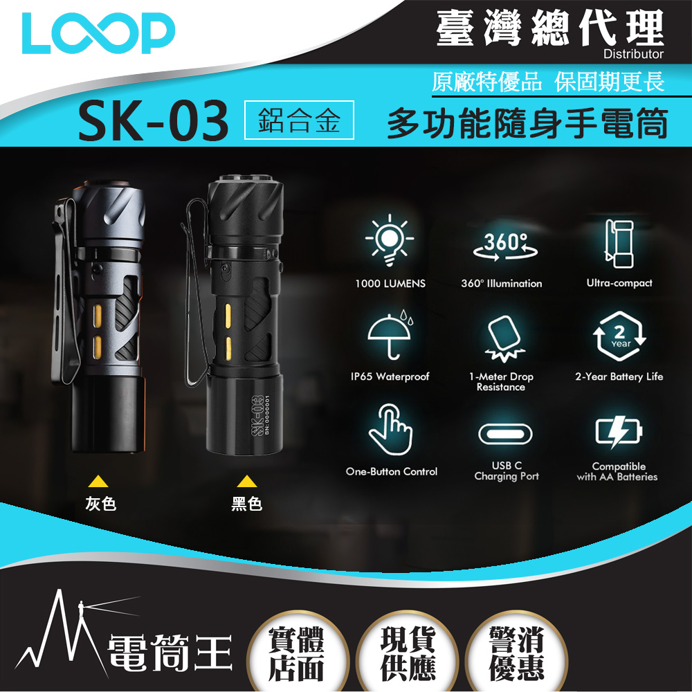 LOOP GEAR SK03 AI (黑色/灰色 鋁合金) 1000 流明 120米 多功能隨身手電筒 360°光線 煩躁工具 旋轉把玩 