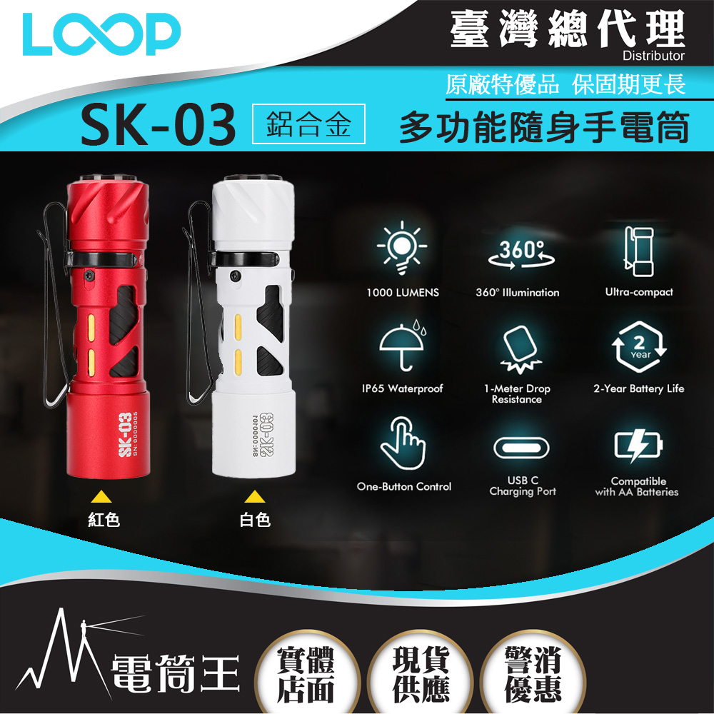 LOOP GEAR SK03 AI (紅色/白色 鋁合金) 1000 流明 120米 多功能隨身手電筒 360°光線 煩躁工具 旋轉把玩 