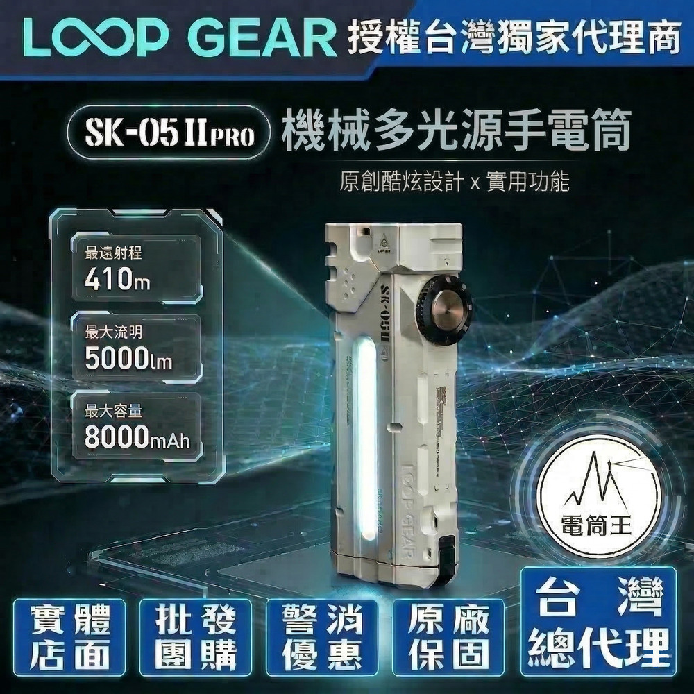 【預購】LOOP GEAR SK05 PRO II 5000流明 410米 【微弧氧化】遠泛雙光多功能手電筒 全彩RGB側燈/UV側燈 尾部磁吸 TYPE-C