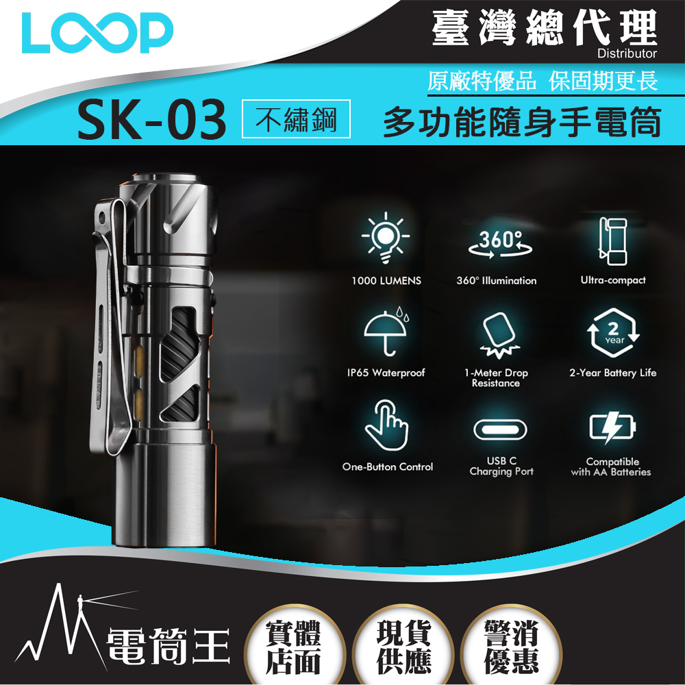 LOOP GEAR SK03 SS (不繡鋼) 1000 流明 120米 多功能隨身手電筒 360°光線 煩躁工具 旋轉把玩 【獨家販售】