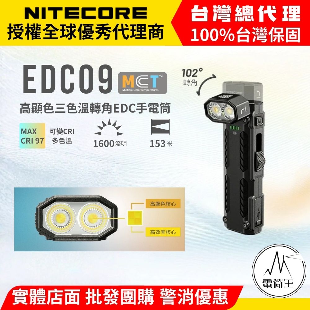 （現貨）NITECORE EDC09 1600流明 MCT 可變色溫 高顯色 轉角EDC手電筒 磁吸 附柔光罩