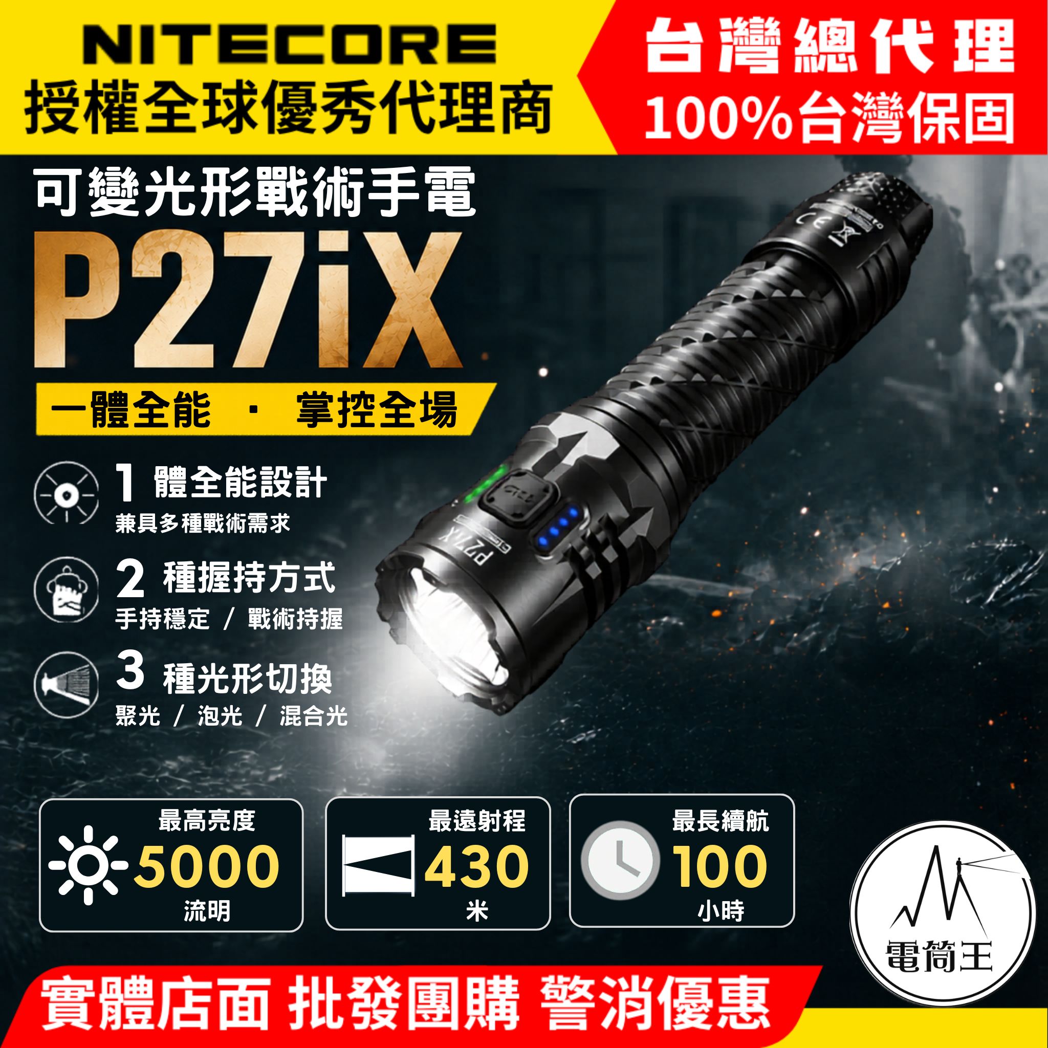 NITECORE P27iX 5000流明 430米 戰術手電筒 聚泛光 可變光型 二段副開關 一鍵爆閃 TypeC 21700
