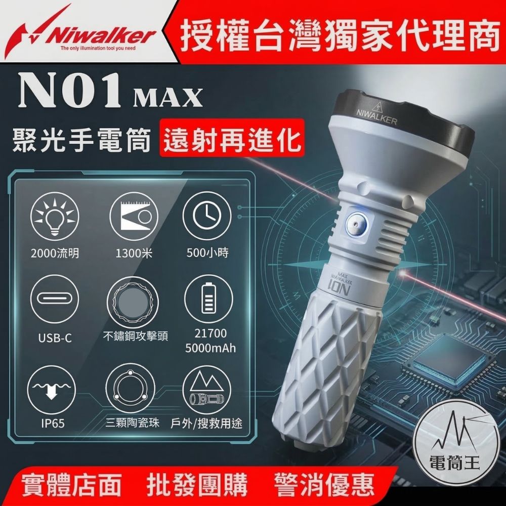 【預購中】NIWALKER N01 MAX 2000流明 1300米 平價超遠射聚光手電筒 陶瓷珠攻擊頭 TYPE-C可充電 21700