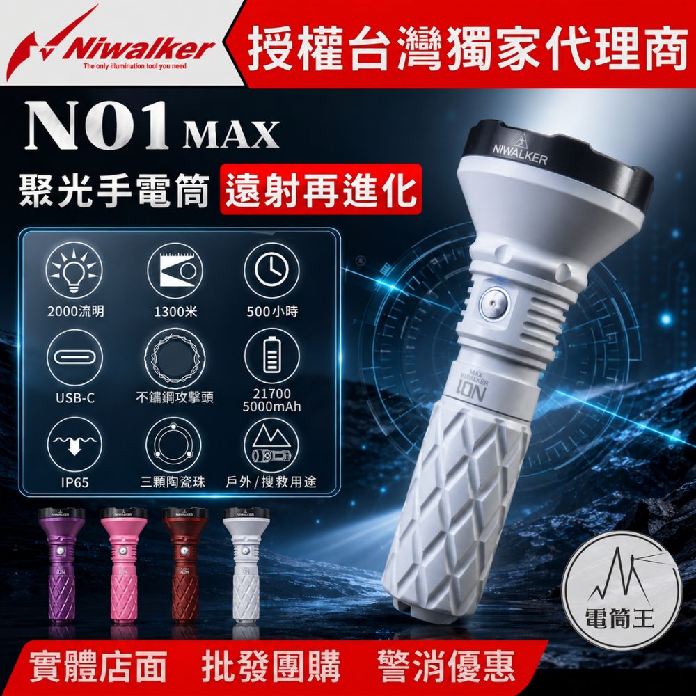 NIWALKER N01 MAX 2000流明 1300米 平價超遠射聚光手電筒 陶瓷珠攻擊頭 TYPE-C可充電 21700