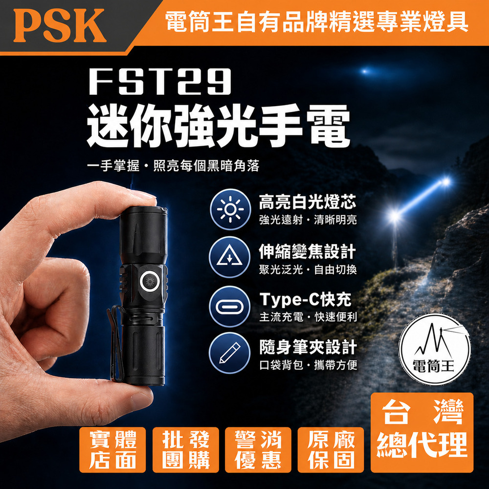 PSK FST29 迷你強光手電筒 伸縮變焦 泛光/遠射  Type-C快充 附16340電池 (僅60g)