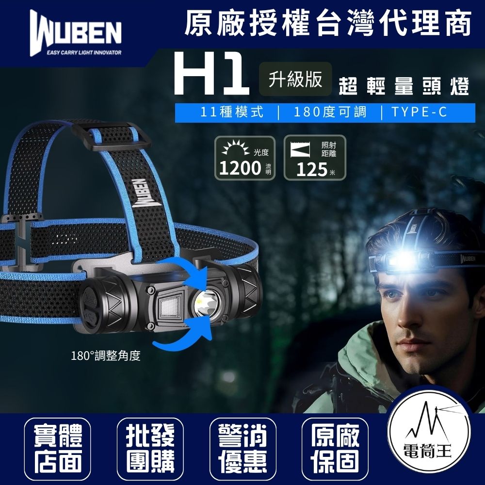 WUBEN H1 升級版1200流明 125米 高亮泛光超輕量頭燈 11種模式 180度可調 TYPE-C充電 18650 WUBEN H1 升級版1200流明 125米 高亮泛光超輕量頭燈 11種模式 180度可調 TYPE-C充電 18650