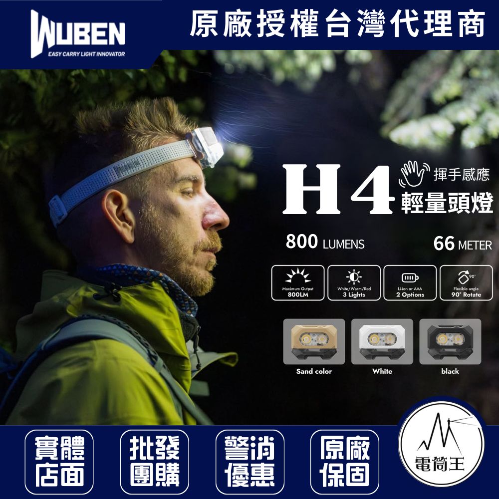 【即將到貨】Wuben H4 800流明66米輕量頭燈 揮手感應 一揮即亮 白光/暖白/紅光 Type-C 兼容AAA