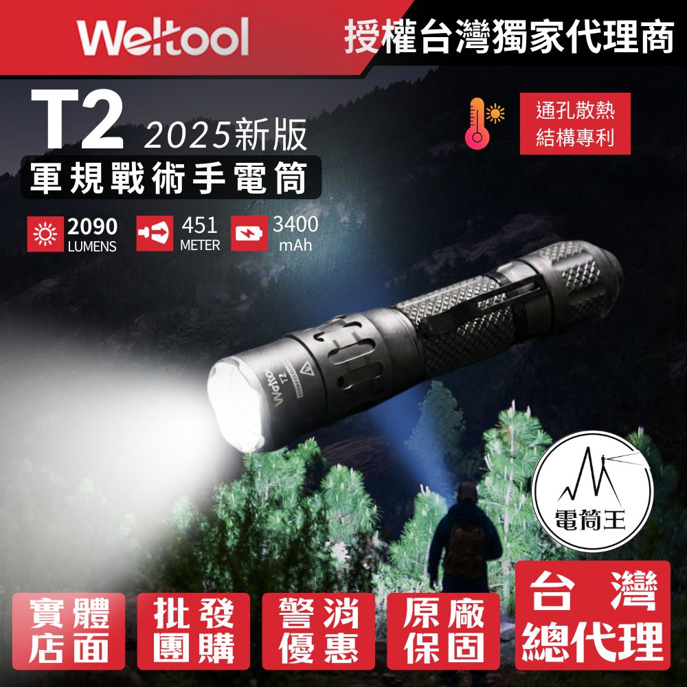 Weltool T2 GY 2025新款 2090 流明 451米 軍規戰術手電筒 通孔散熱 瞬間高亮 不鏽鋼攻擊頭