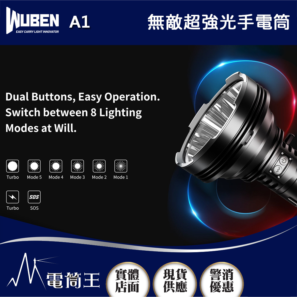 WUBEN A1 20000流明 2000米 無敵超強光手電筒 聚泛光兼具 無線搖控 USB-C