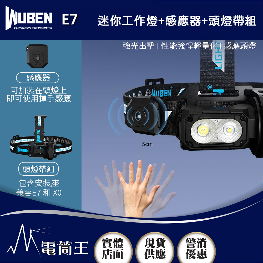 WUBEN E7 +頭燈帶組+感應器 1800流明 132米 迷你工作燈 泛光  磁吸 TYPE-C
