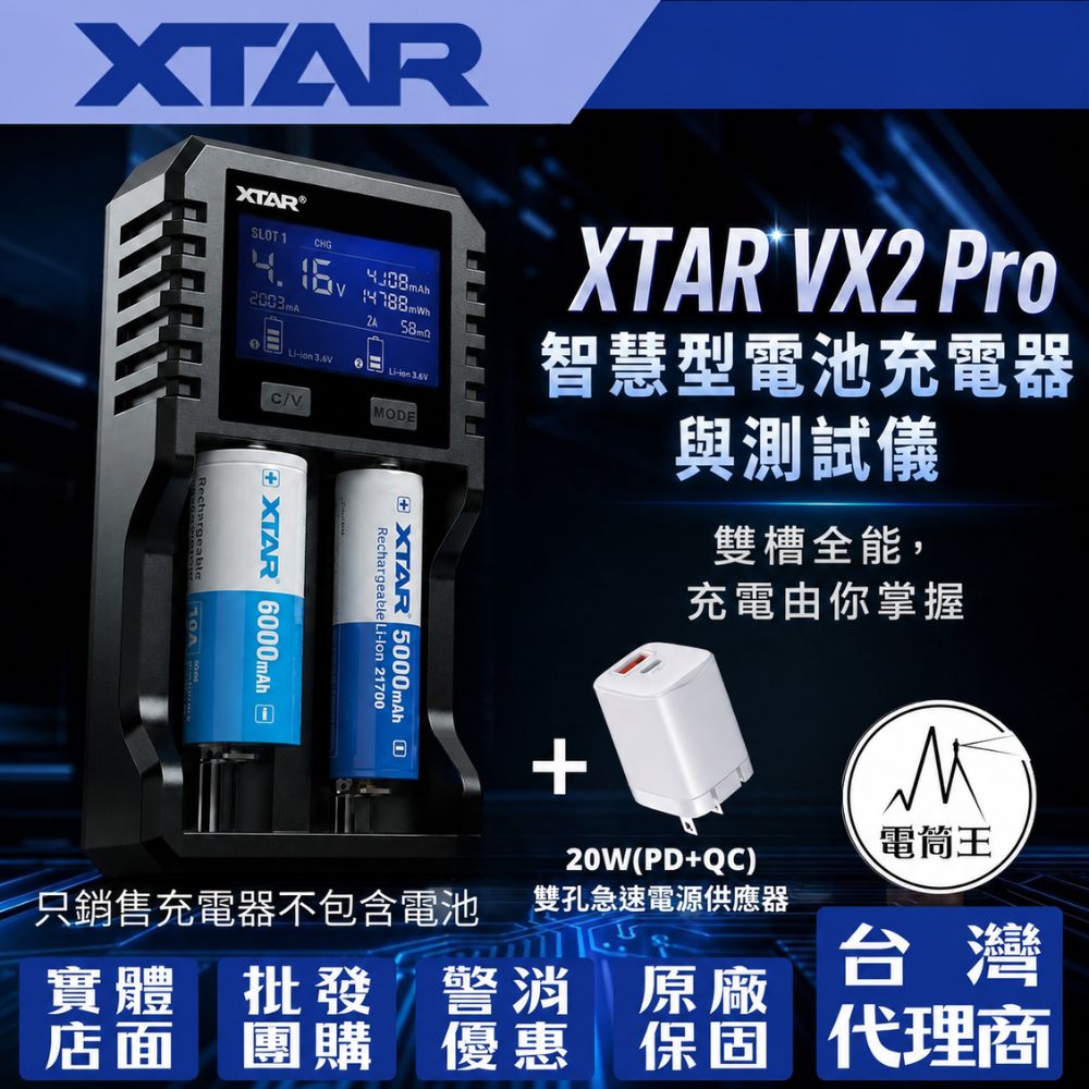 XTAR VX2 Pro 萬用智能雙槽充電器+台製雙孔充電頭 20W快充 可測電池容量 兼容1.2V鎳氫 1.5V 3.7V 鋰電池 3.2V 磷酸鐵鋰電池