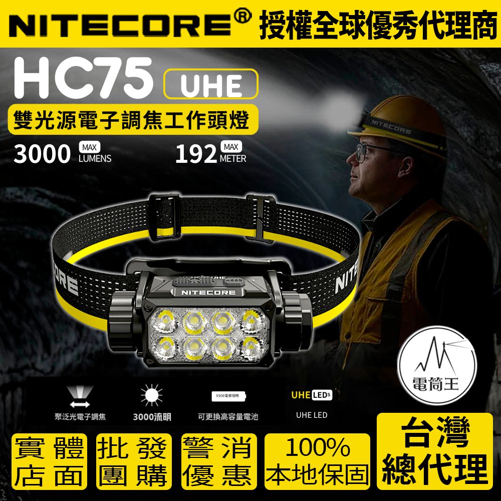 NITECORE HC75 UHE 3000流明 192米 可充電工作頭燈 聚泛光電子調焦 雙重防誤觸