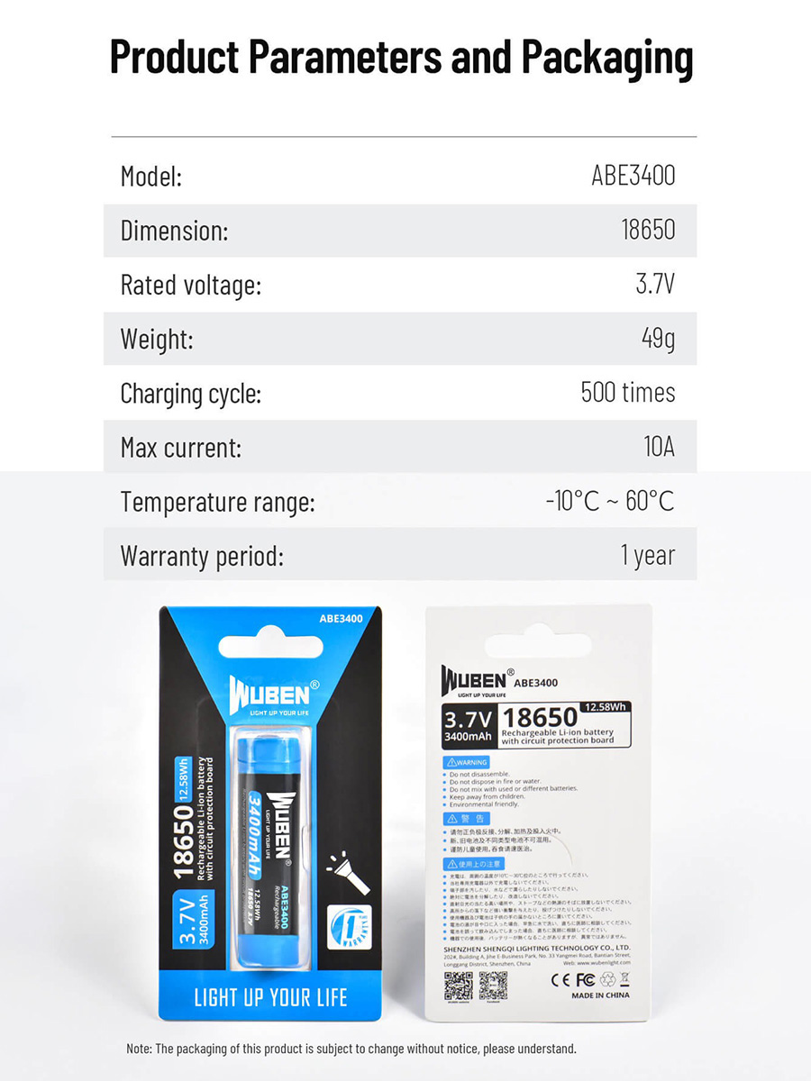 Wuben ABE3400 18650 可充電電池 3400mAh 大容量