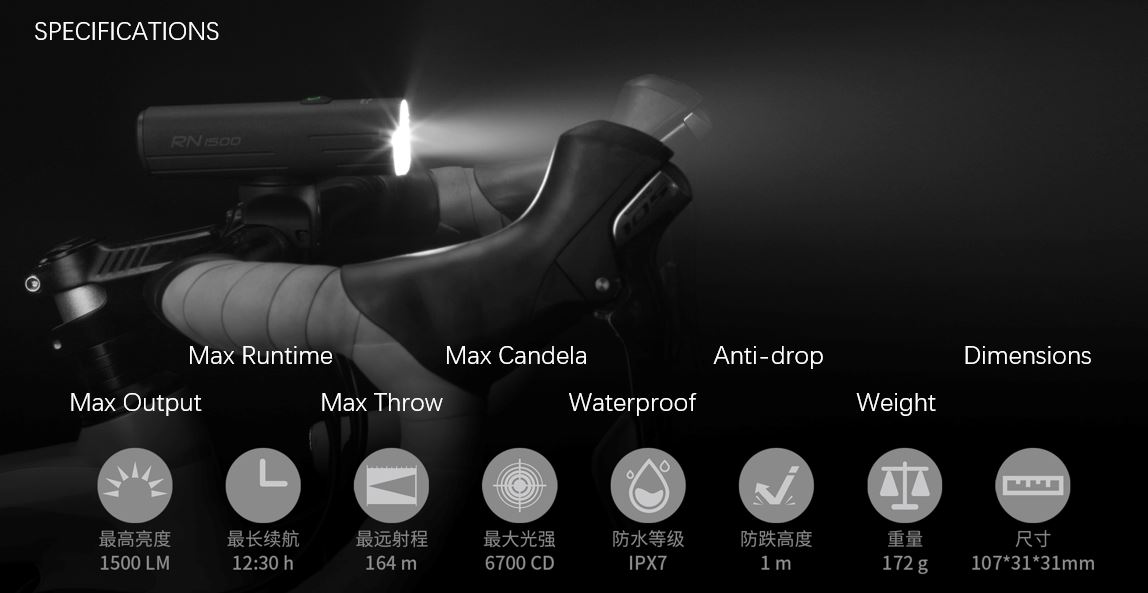 【停產】Olight RN1500 / RN 1500 1500流明 腳踏車燈 164米 防水 USB-C充電 截止線 防眩 雙向充電 