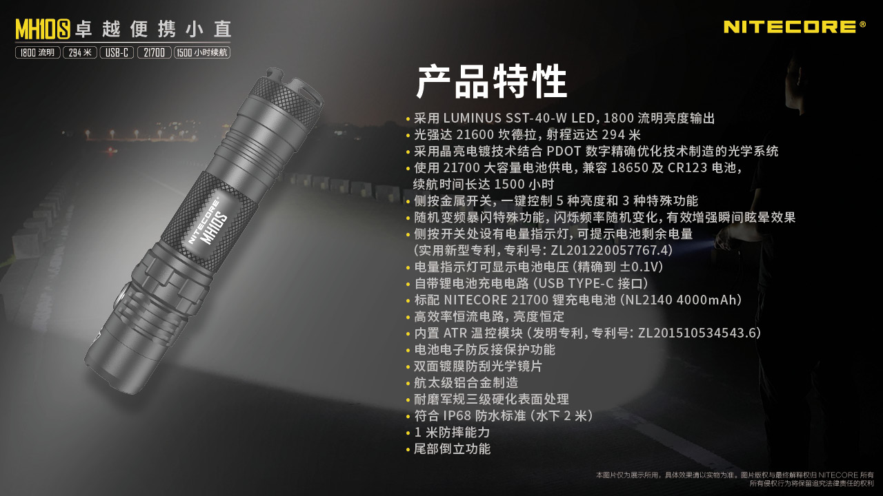 Nitecore MH10S 1800流明 附電池 小直筒 294m 21700 LED手電筒 TYPE-C 