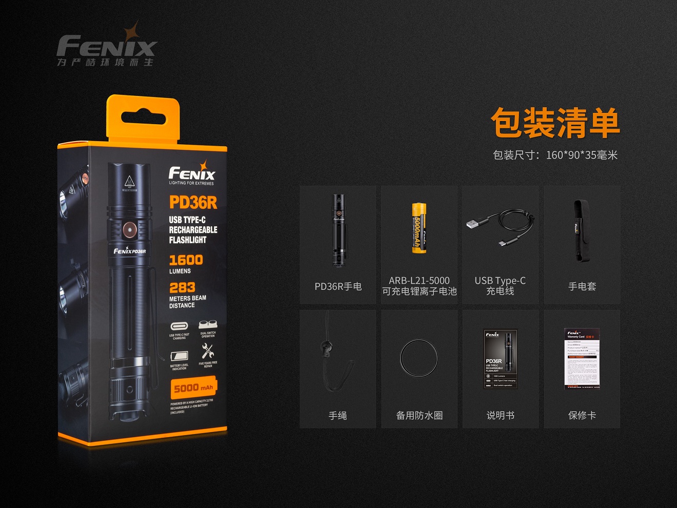 FENIX PD36R 1600流明 283米 USB直充 戶外強光戰術小直 21700 含原廠電池