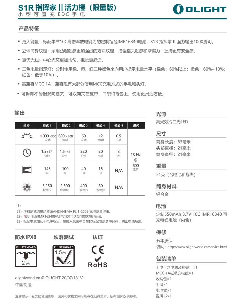 Olight S1R II 限量橘 1000流明 145米 含原廠電池1顆 USB磁吸充電 手電筒