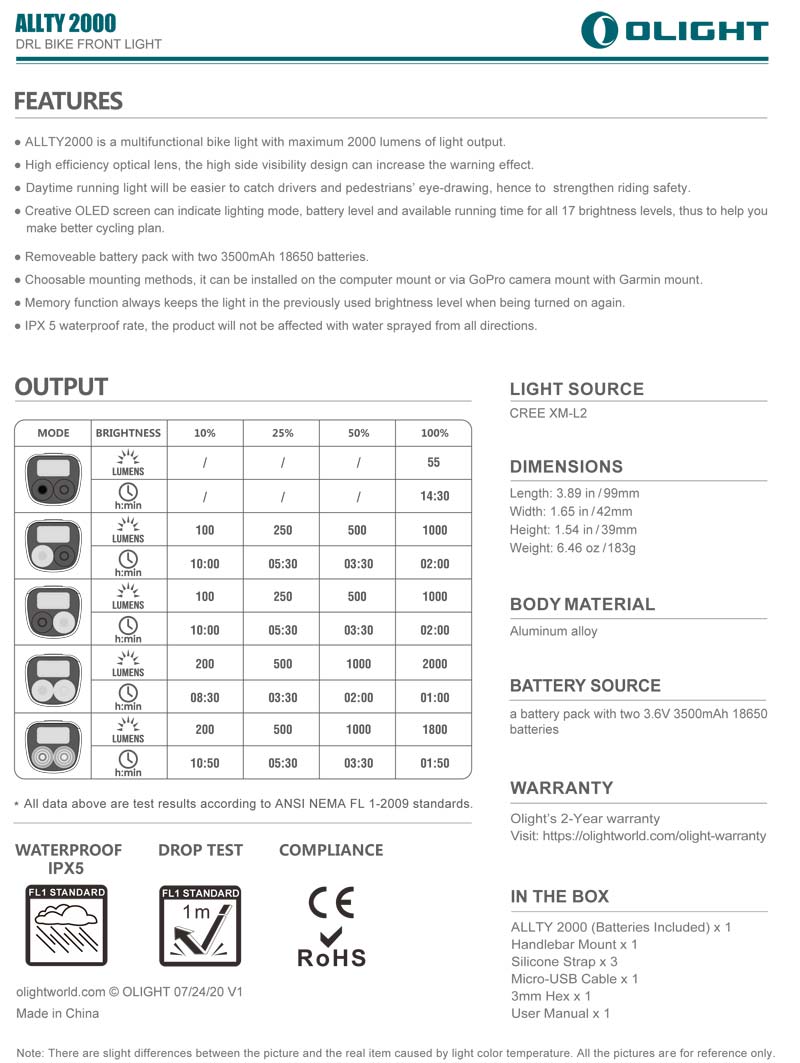 【停售】OLIGHT Allty 2000 2000流明 165米 腳踏車燈 USB直充 OLED螢幕 電量顯示