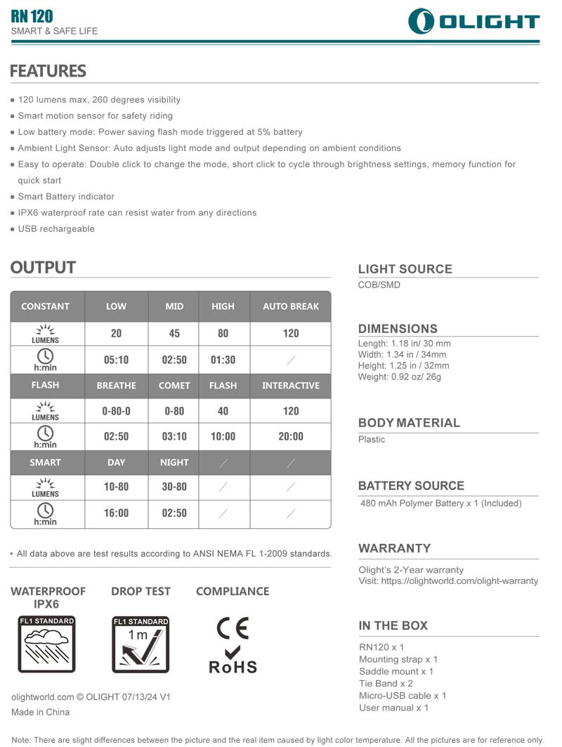 OLIGHT RN120 / RN 120 120流明 最遠1500米 紅光 內建電池 腳踏車燈 USB直充 電量提示