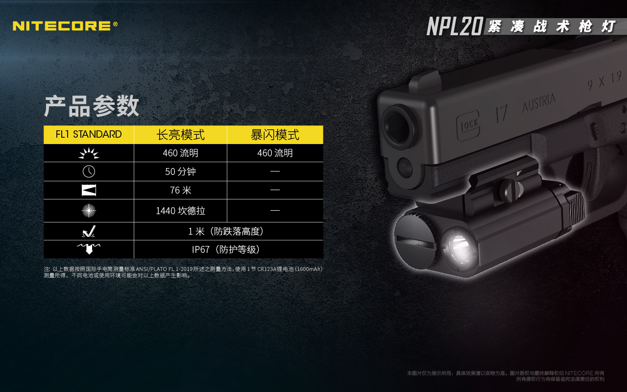 Nitecore NPL20 戰術槍燈 460流明 皮卡汀尼導軌 手槍燈 戰術生存 輕型槍燈 戰術點放/爆閃