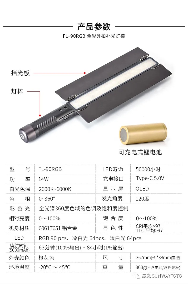 SUNWAYFOTO FL-90RGB 外拍補光棒 導光板 色溫調節 導光板 LCD螢幕 USB充電 直播專用燈