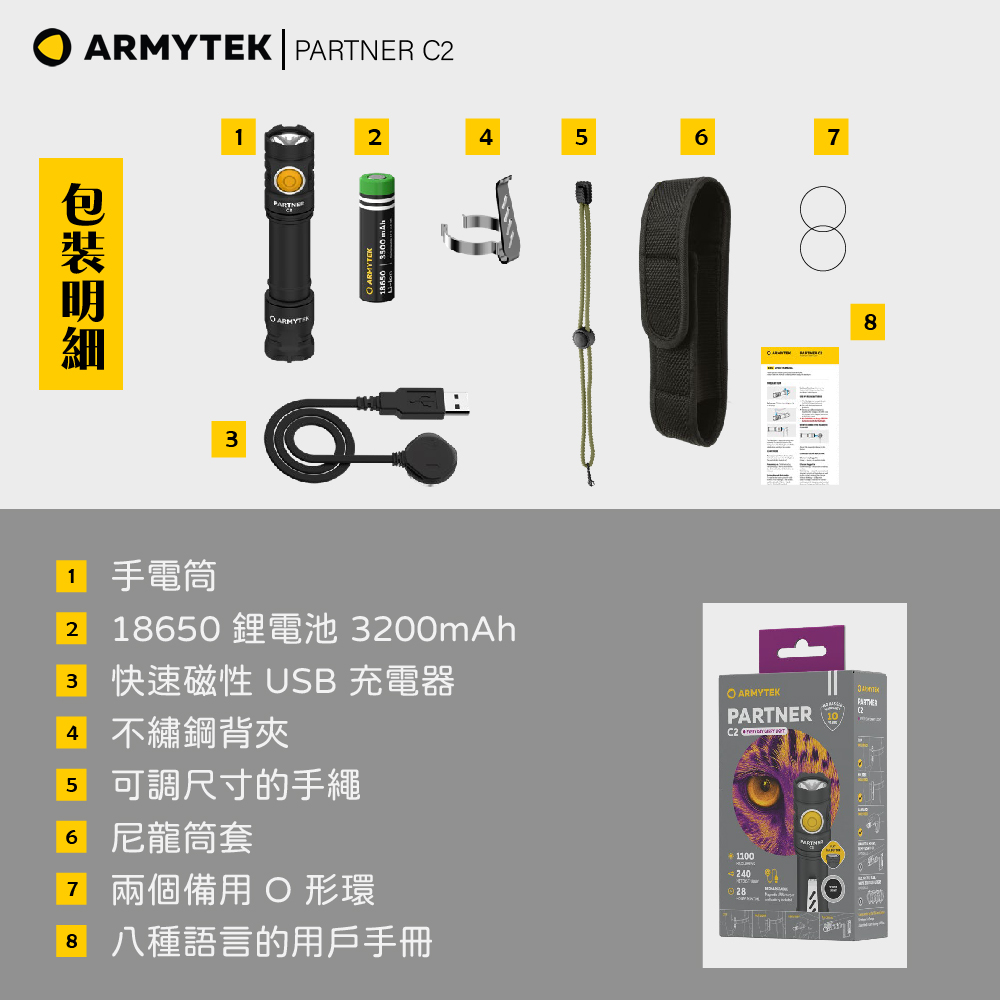 加拿大 ARMYTEK PARTNER C2 1100流明 240米 高亮遠射 戰術手電筒 尾部磁充 USB直充