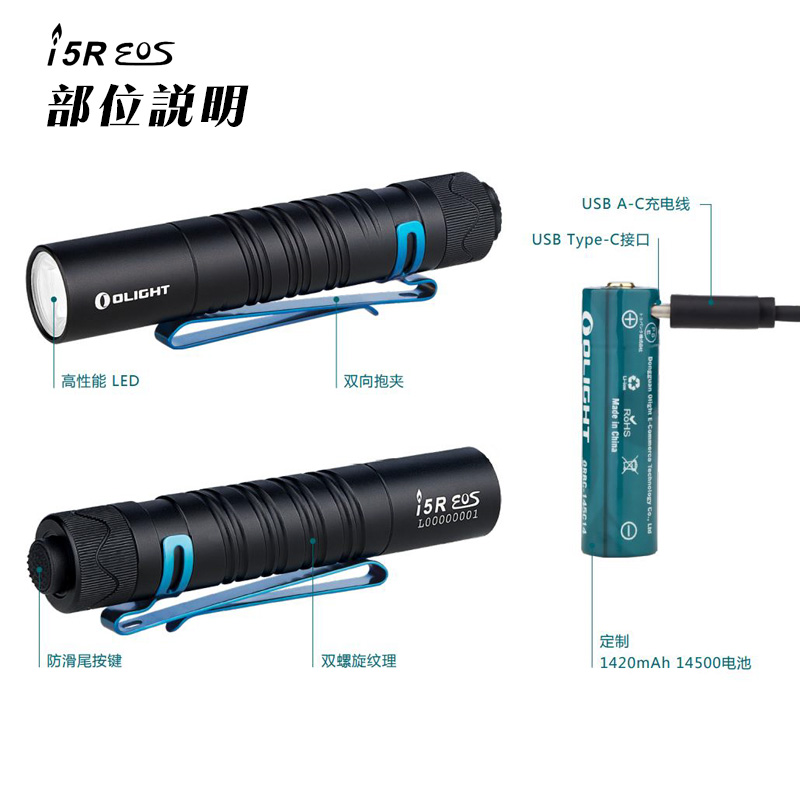 Olight i5R 富豪藍 350流明 64米 EDC 隨身手電筒 雙向抱夾 尾按開關 附原廠定制充電電池 AA電池