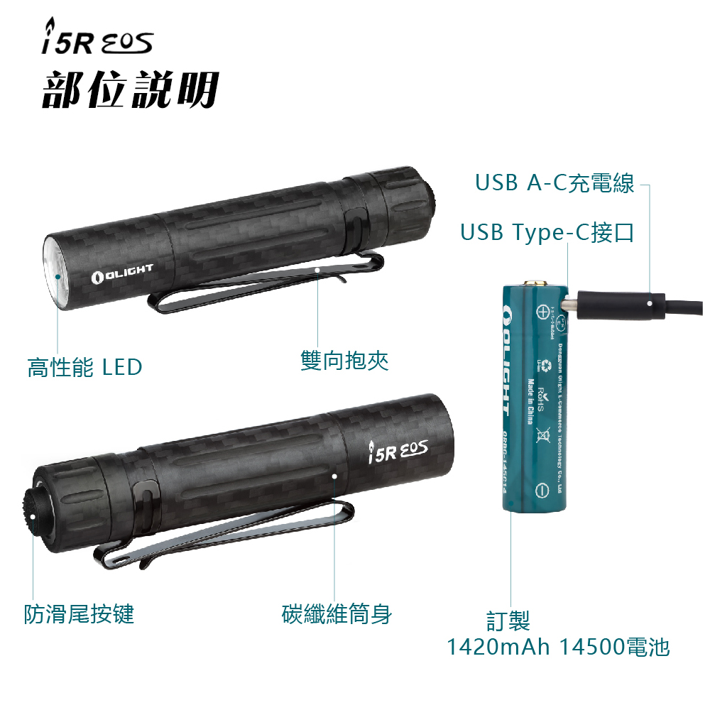 OLIGHT i5R 碳纖維 350流明 64米 EDC 隨身手電筒 雙向抱夾 尾按開關 附原廠定制充電電池 AA電池