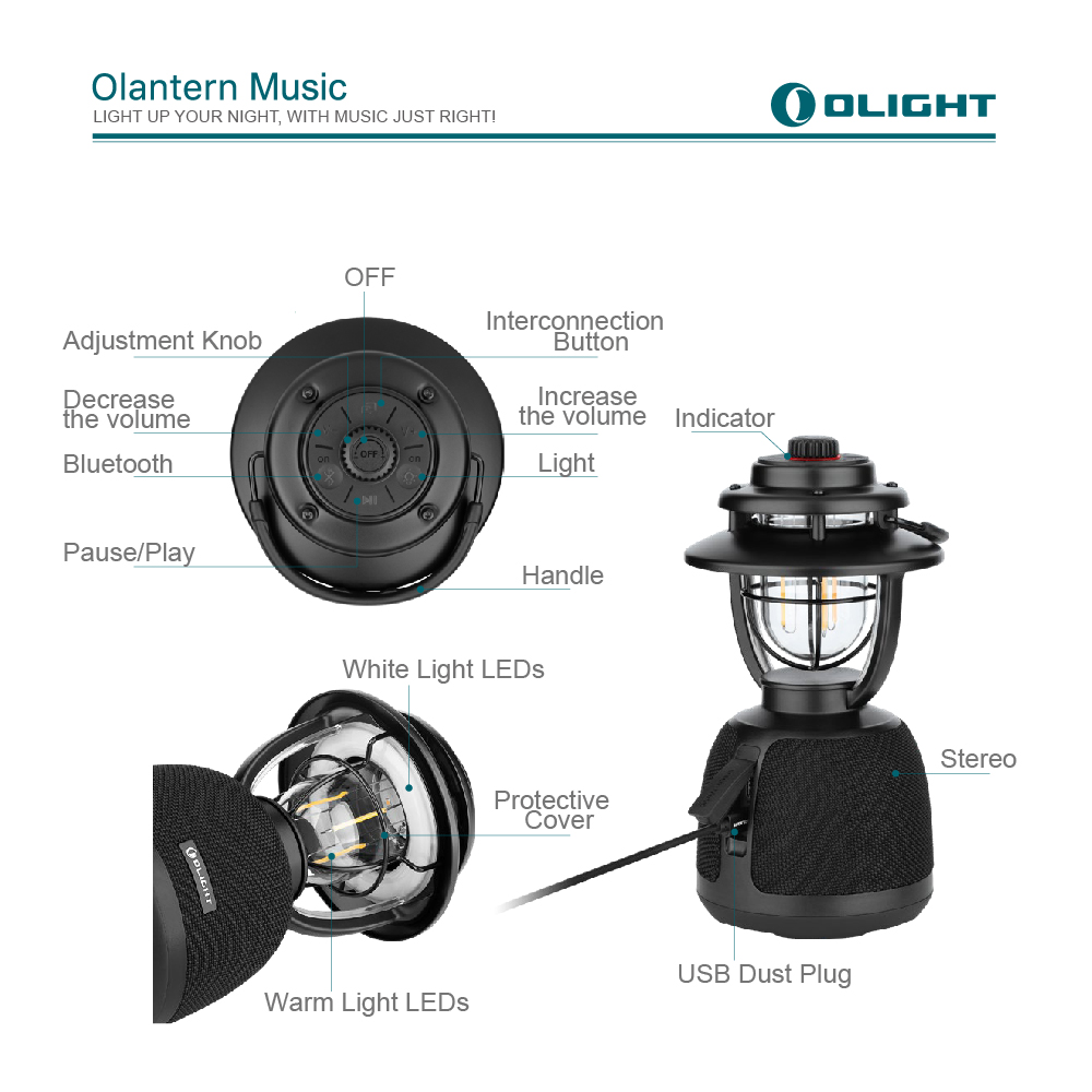 OLIGHT OLANTERN MUSIC 300流明 13米 二合一音樂露營燈 無級調光 TYPE-C充電