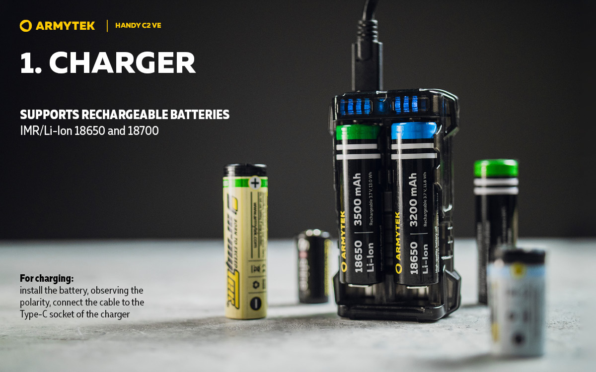 ARMYTEK HANDY C2 VE 雙槽鋰電池充電器 行動電源 USB-C 2.5A/2A 輕裝備 