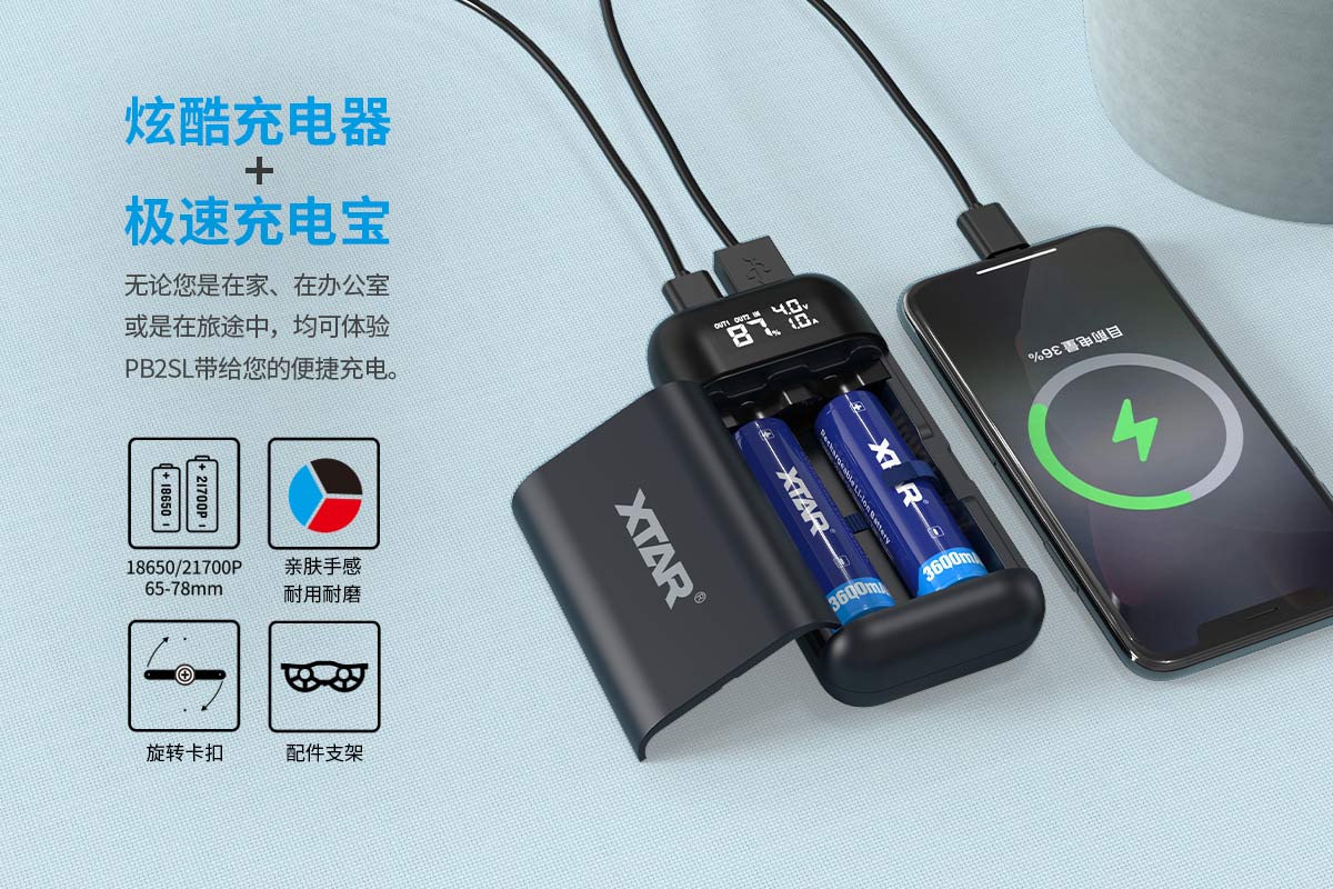 XTAR PB2SL 智能充電器 雙槽 21700 18650 鋰電池快速充電器 USB-C 可行充