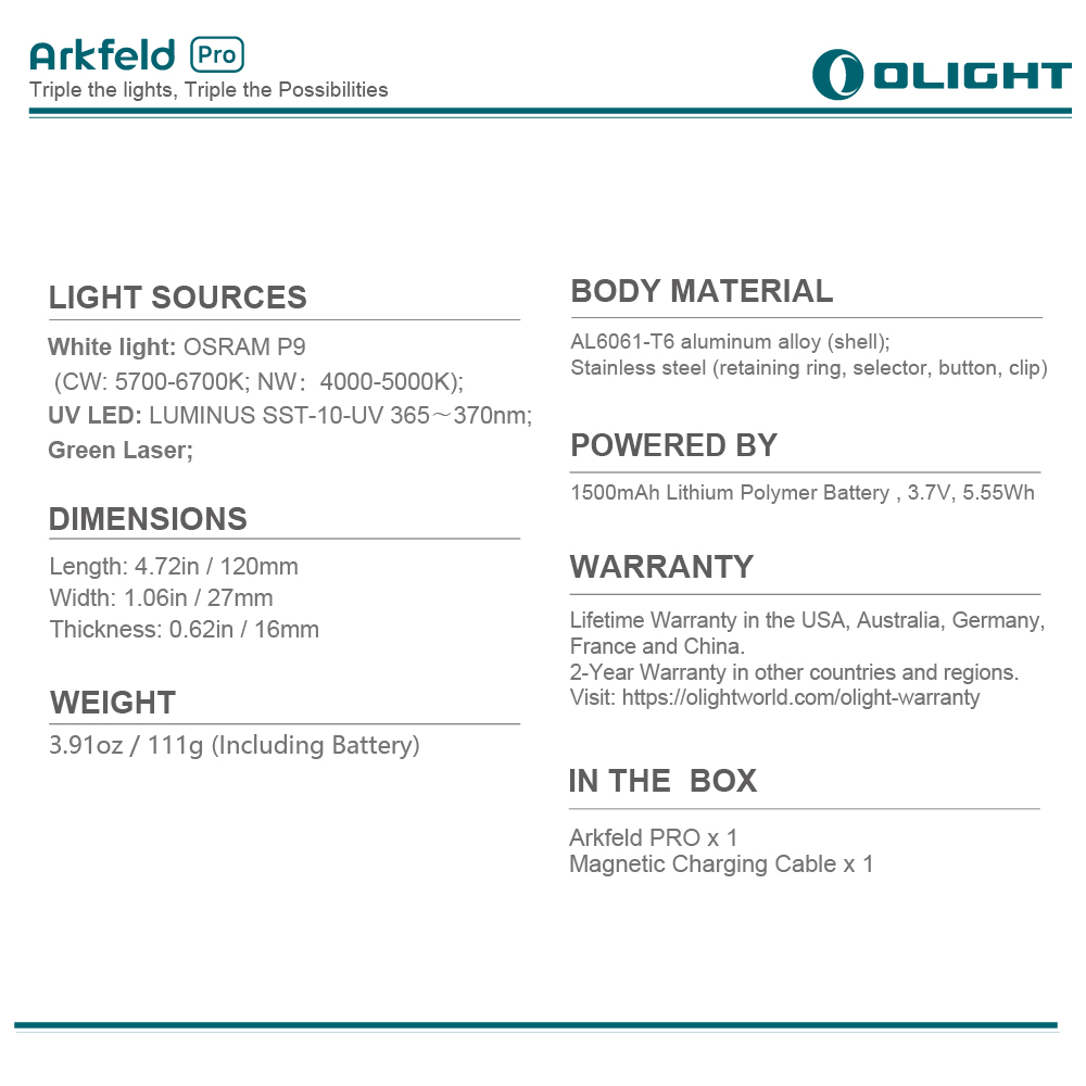OLIGHT Arkfeld PRO class 1 (標準版) 1300流明 520米 EDC手電筒 白光+綠鐳射+UV三光源 尾部磁吸