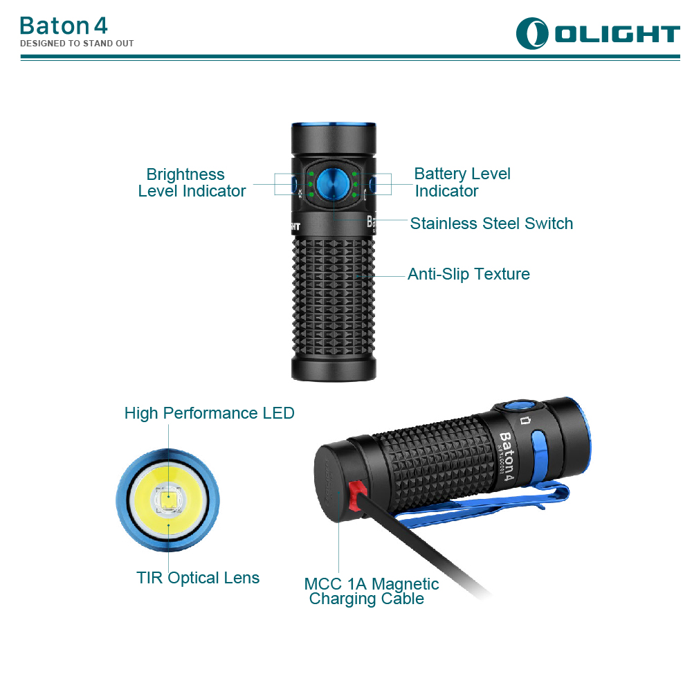 OLIGHT BATON 4 1300流明 170米 迷你型高亮手電筒 磁吸充電 電量顯示 