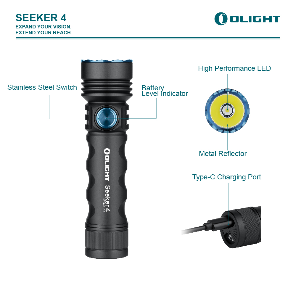 OLIGHT Seeker 4 3100流明 400米 高亮遠射手電筒 可充電側按鍵 電量顯示 Type-C充電