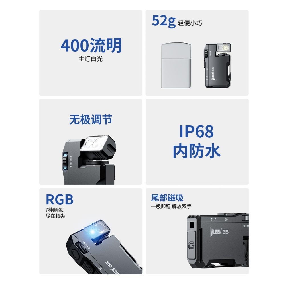 Wuben G5 400流明 便攜照明 EDC 無段調光 磁吸 RGB七色光 180°燈頭 180°背夾 Type-C 52克 Wuben G5 400流明 便攜照明 EDC 無段調光 磁吸 RGB七色光 180°燈頭 180°背夾 Type-C 52克