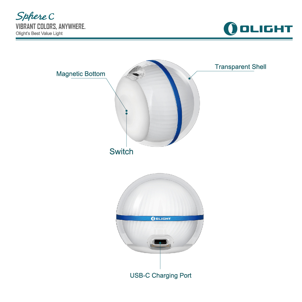 Olight Sphere C 75流明 水晶炫彩球燈 無級調光 360 度全球體照明 多種燈光效果 TYPE C充電 Olight Sphere C 75流明 水晶炫彩球燈 無級調光 360 度全球體照明 多種燈光效果 TYPE C充電