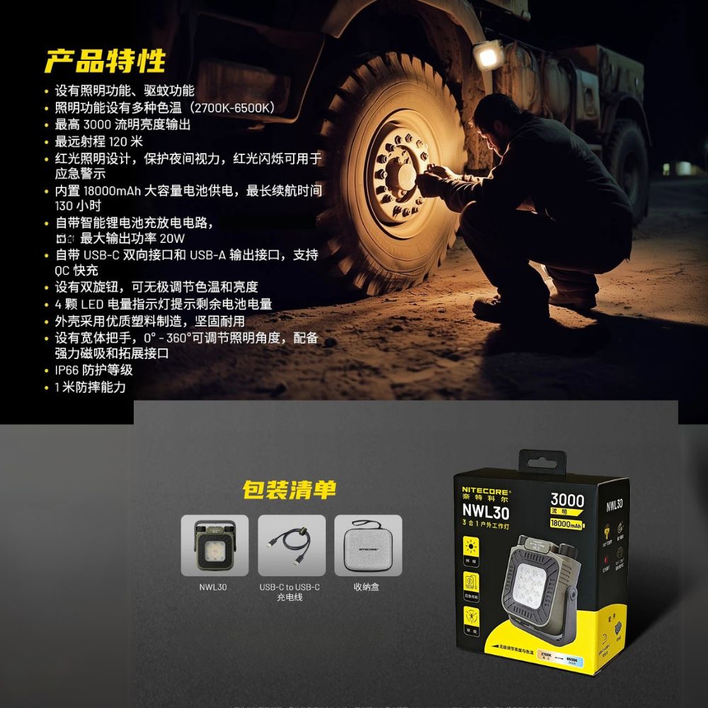 NITECORE NWL30 3000流明 120米 多用途工作燈 照明驅蚊 無極調節色溫/亮度 360度旋轉 可充電 NITECORE NWL30 3000流明 120米 多用途工作燈 照明驅蚊 無極調節色溫/亮度 360度旋轉 可充電
