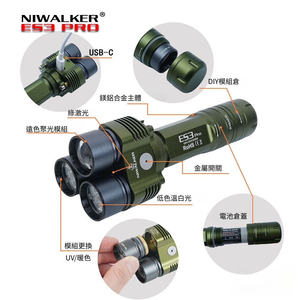 Niwalker ES3 Pro 3500流明 465米 三頭多光源手電筒 泛光+遠射+綠光束+UV光 燈頭可替換