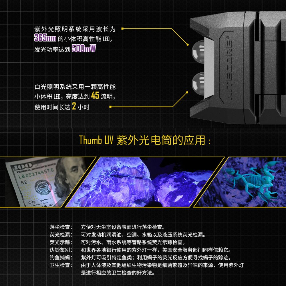 【即將到貨】NITECORE Thumb LEO 45流明24米 警用轉角工作燈 白光+紅藍閃 UV光 信號燈 可充電 【即將到貨】NITECORE Thumb LEO 45流明24米 警用轉角工作燈 白光+紅藍閃 UV光 信號燈 可充電