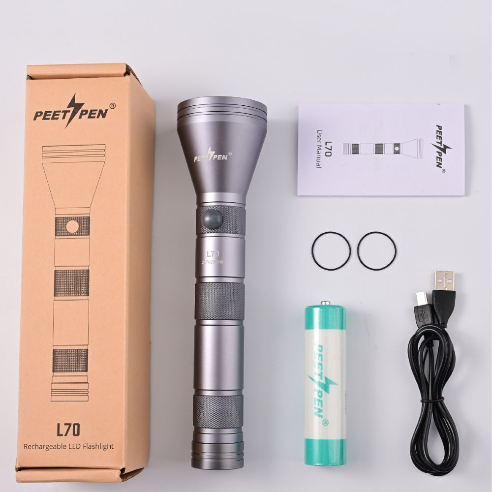 PEETPEN L70 聚光遠射手電筒 戶外長續航 可充電鋰電池 多檔位 防水鋁合金