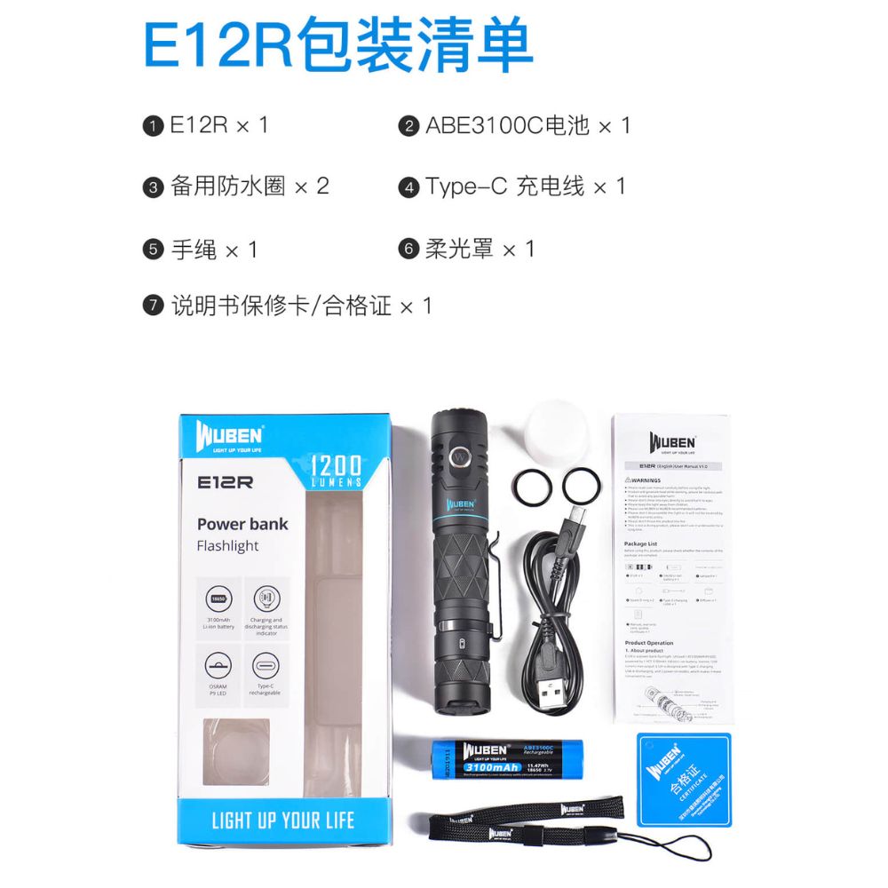 WUBEN E12R 1200流明 179米 隨身電源手電筒 4種亮度 2種閃光 TYPE-C 18650 WUBEN E12R 1200流明 179米 隨身電源手電筒 4種亮度 2種閃光 TYPE-C 18650